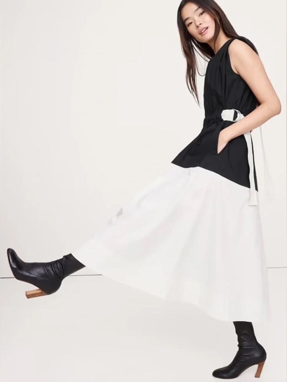 NWT Banana Republic Cotton Poplin Tiered Midi Dress // Black/Cream